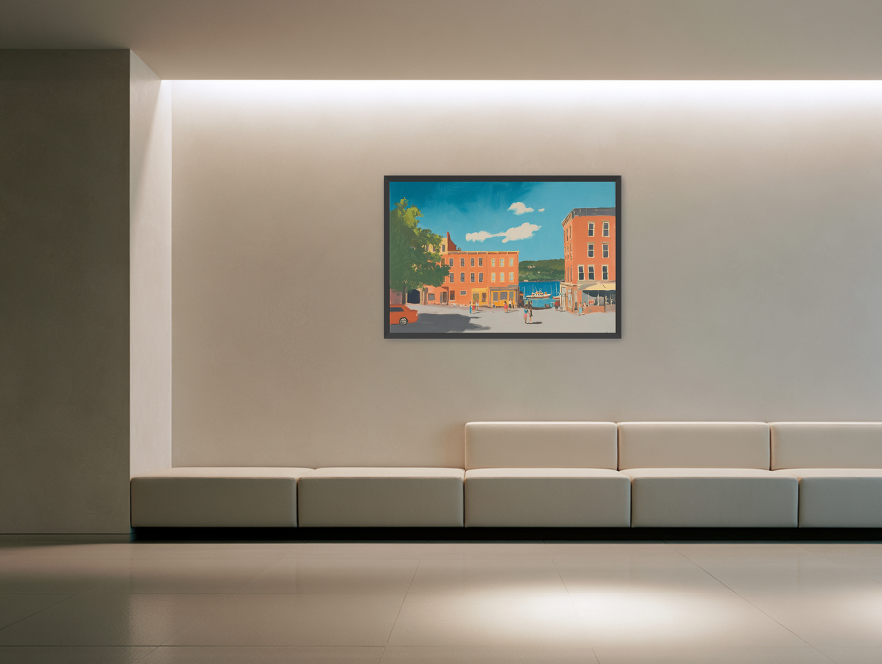 Sunlit street to the harbor room view