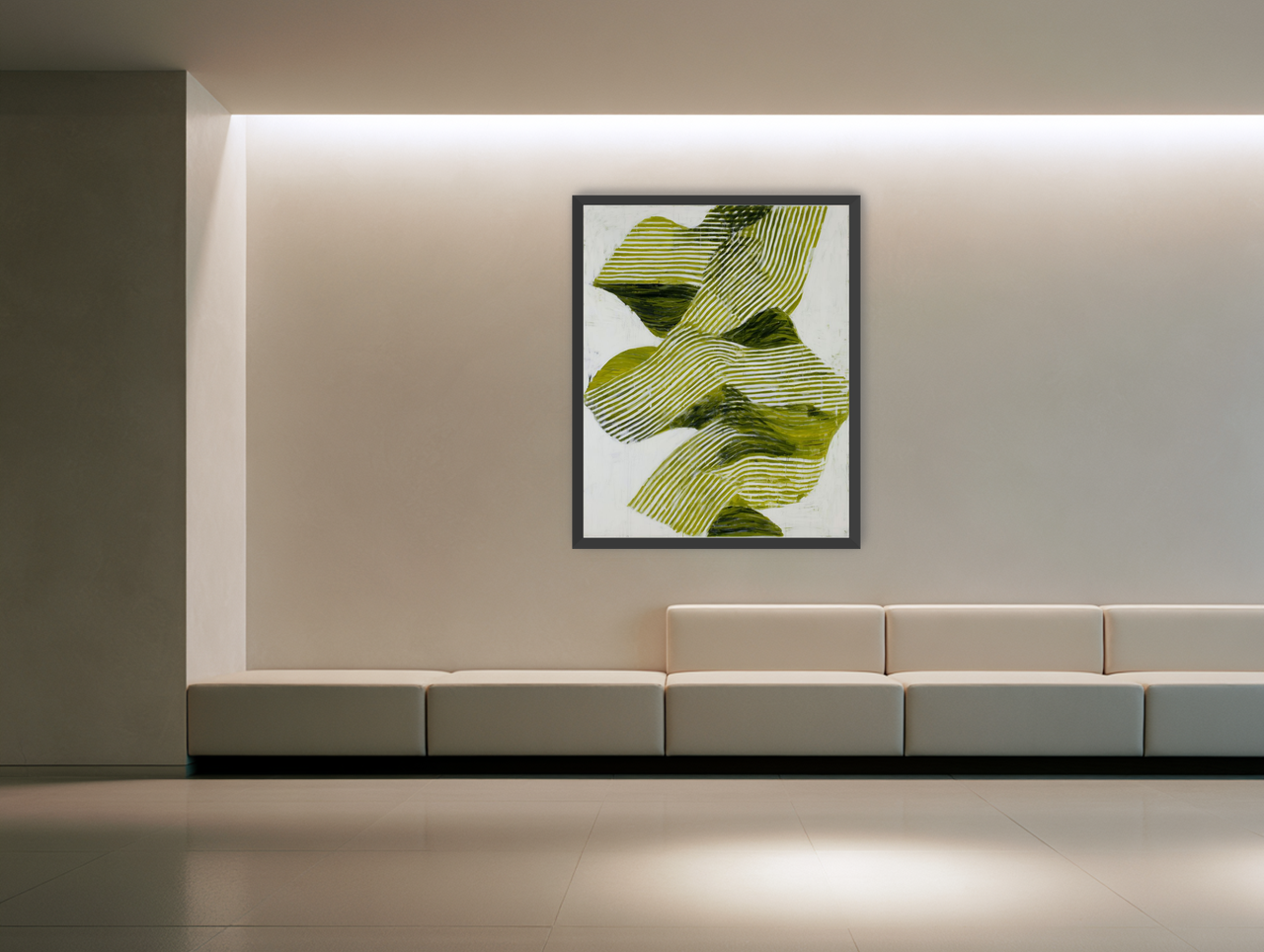 Olive stripes across white room view