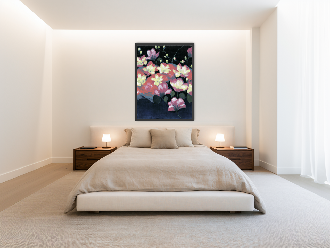 Flowers waking in the dark room view
