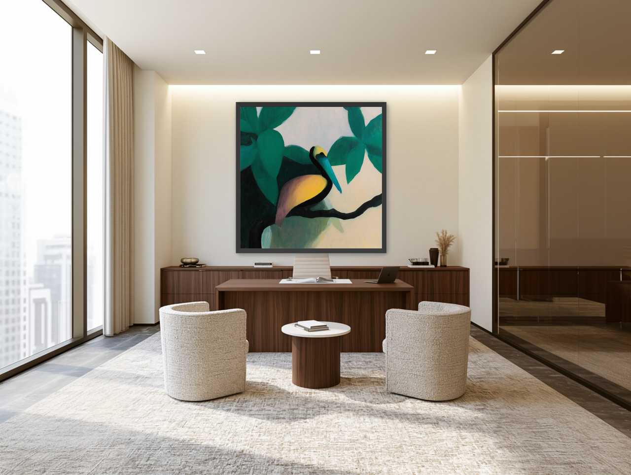 Blue beak in teal leaves room view