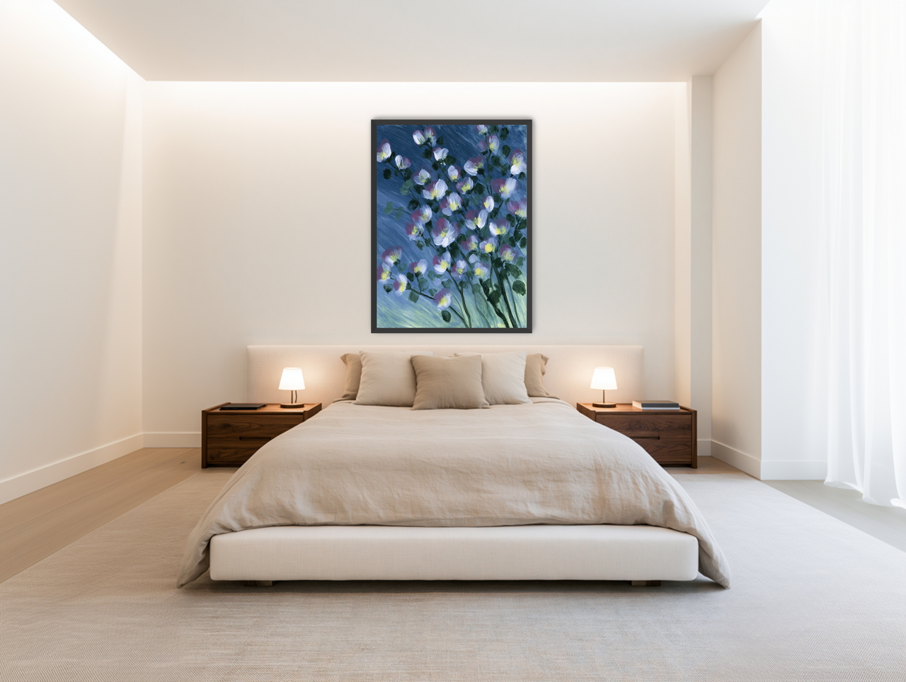 White blossoms on blue field room view
