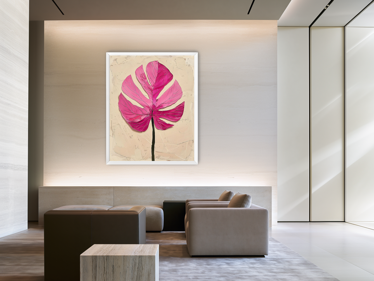 Pink leaf on plaster white room view