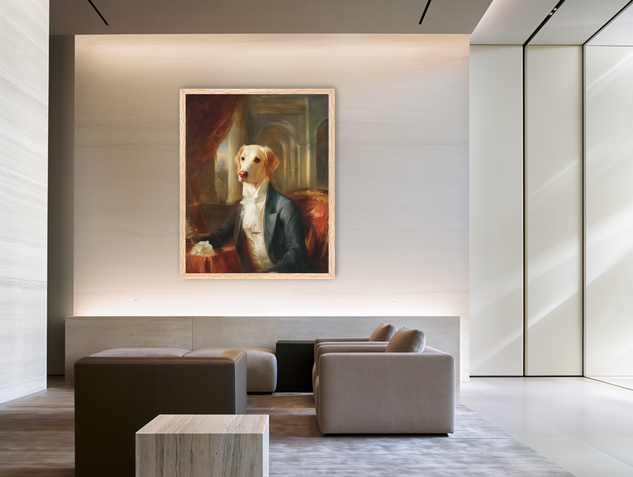 A dog in formal wear room view