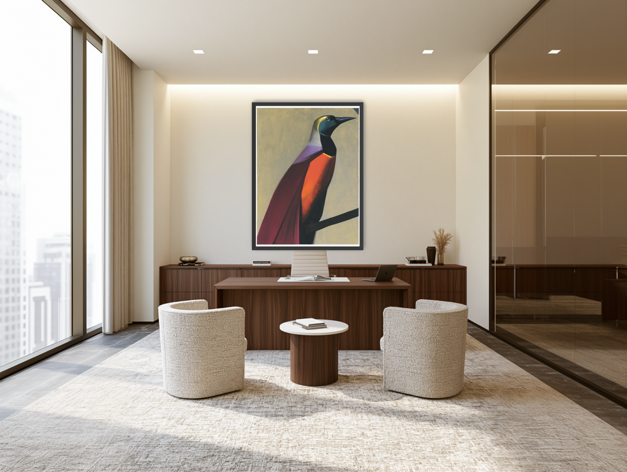 Bright bird on a branch room view