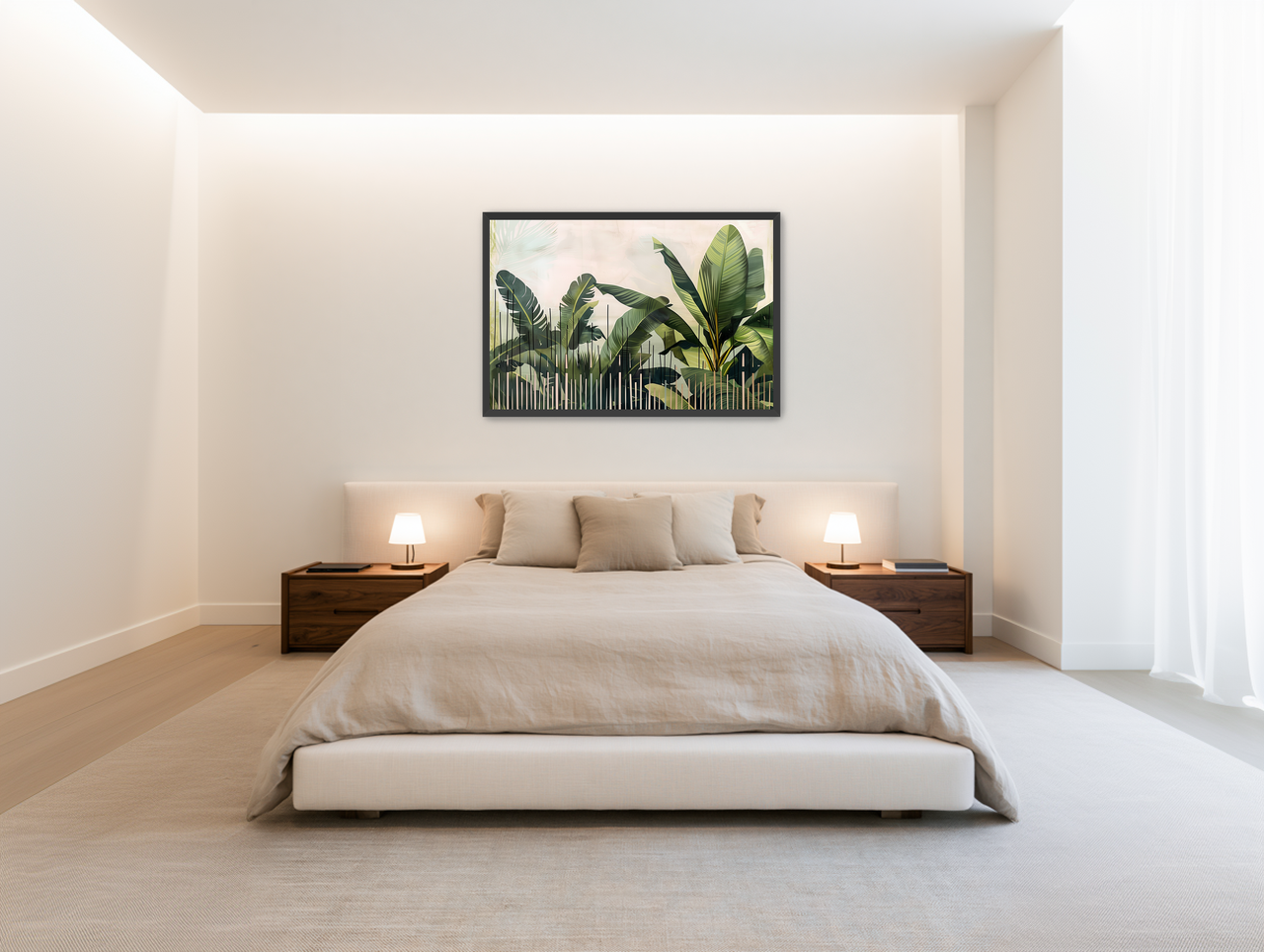 Tropical leaves behind black bars room view