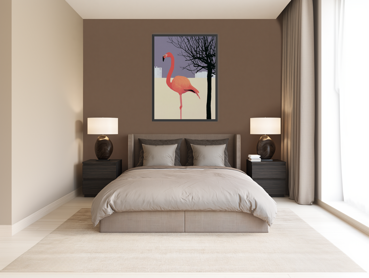 A flamingo beside the bare tree room view