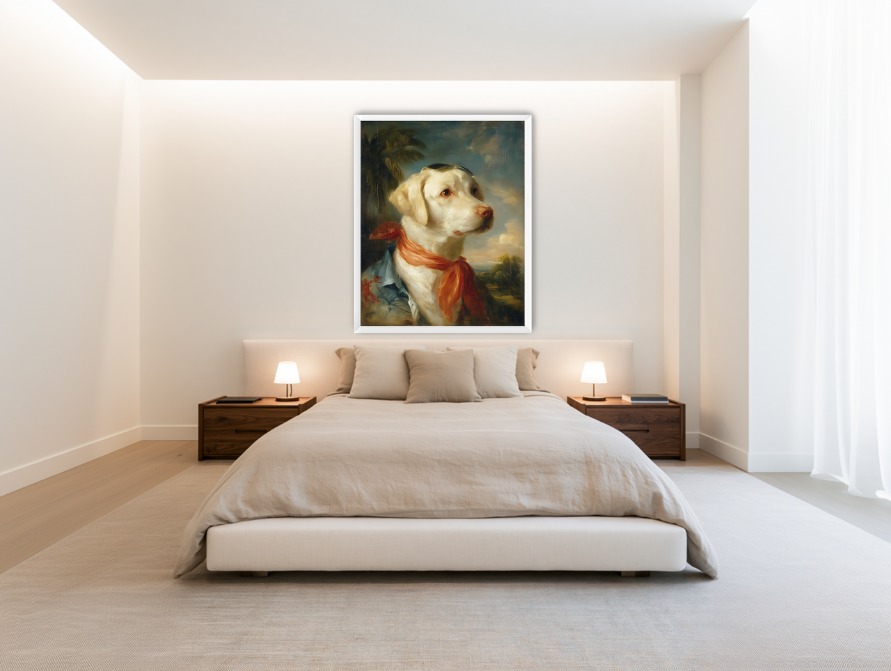 White dog in red scarf room view