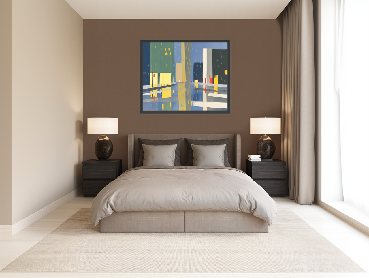 Yellow windows on wet blue street room view