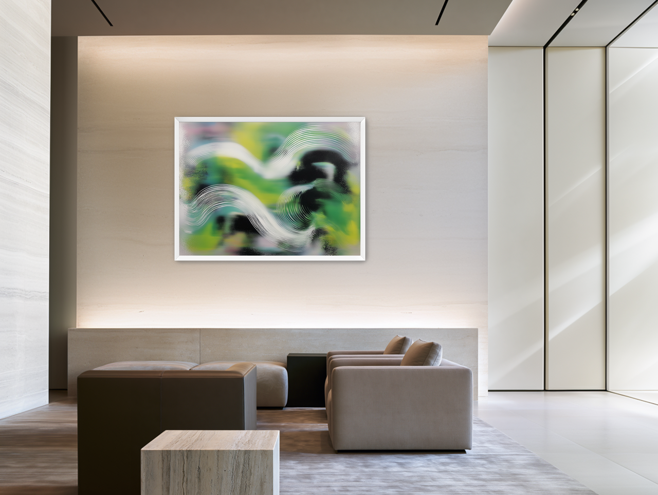 White ridges over green haze room view