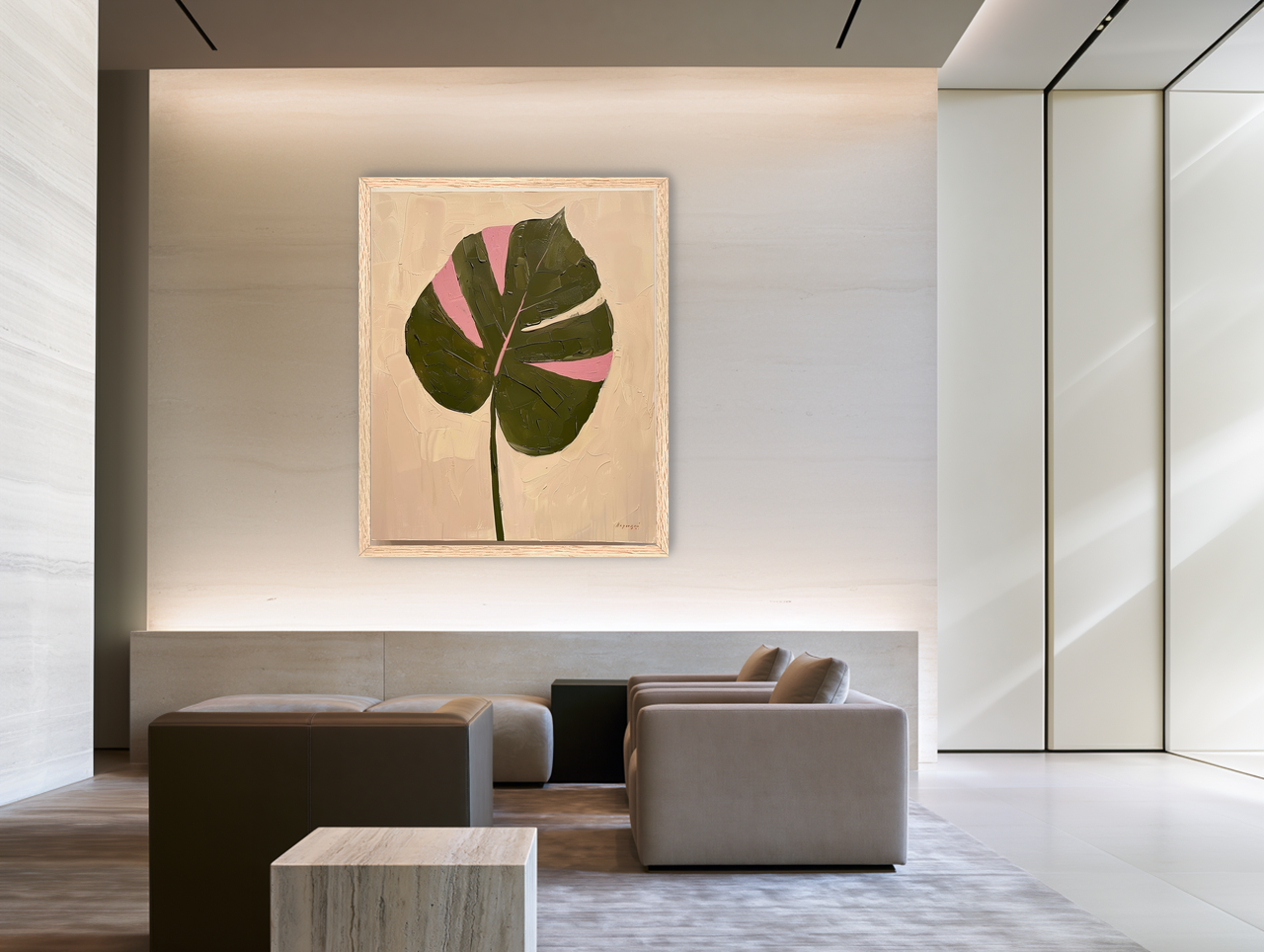 Pink banded leaf on plastered white room view