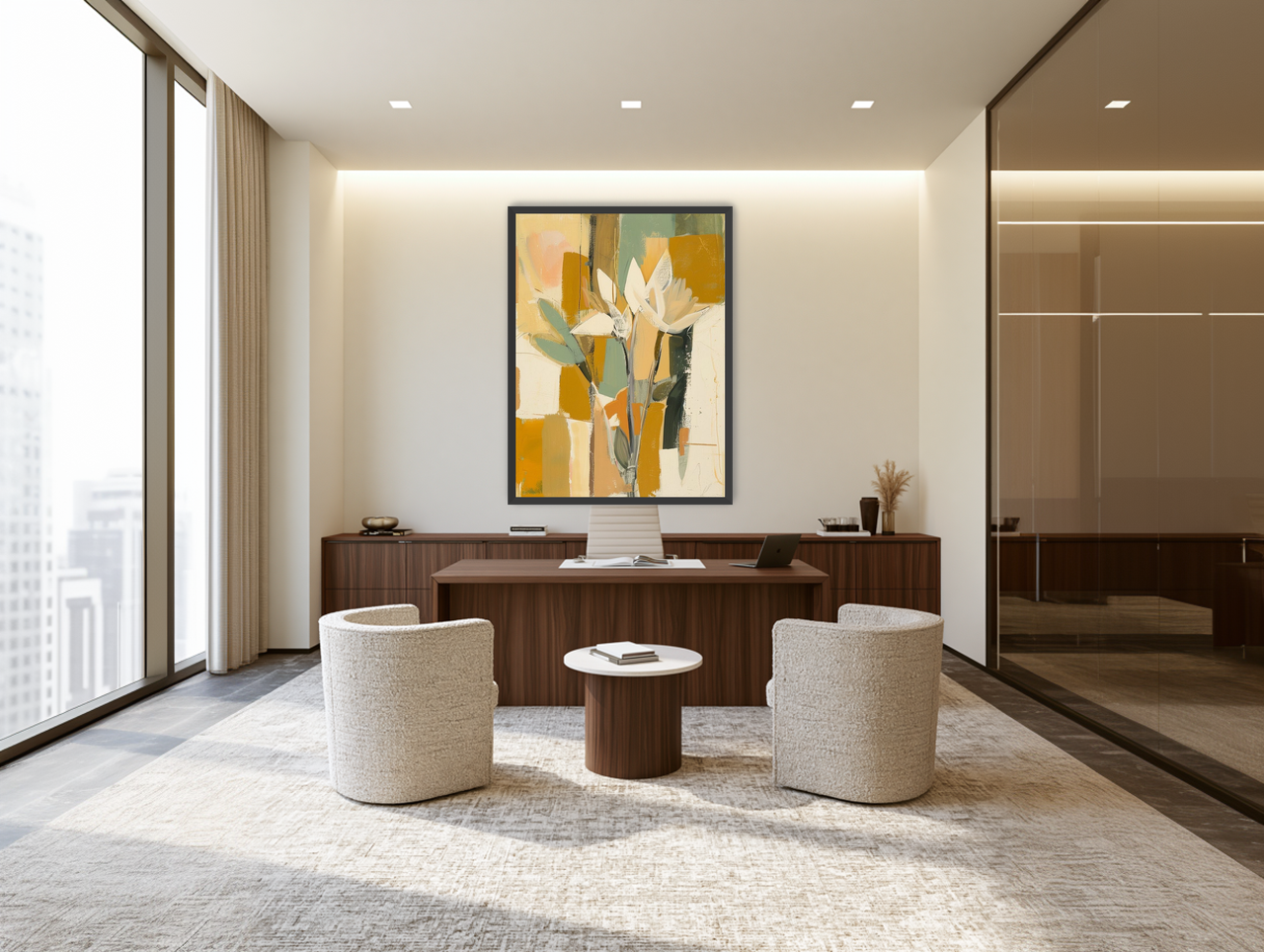 White flowers in ochre light room view