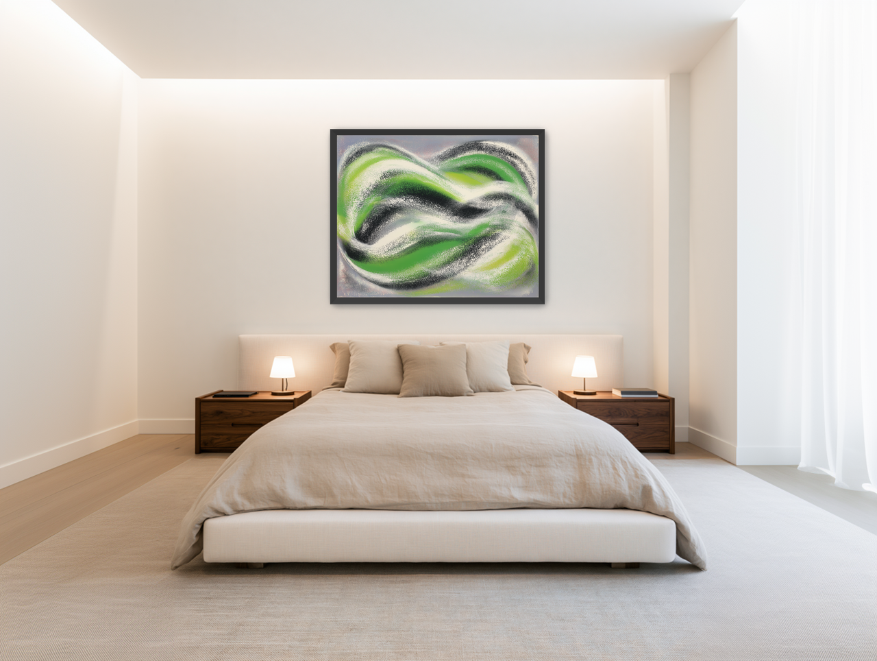 Green bands under white spray room view