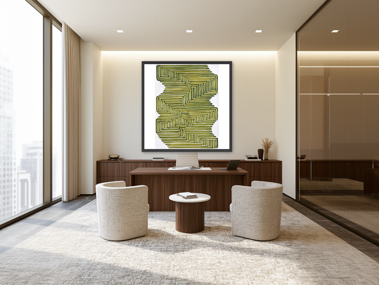 Olive bands in white quiet room view