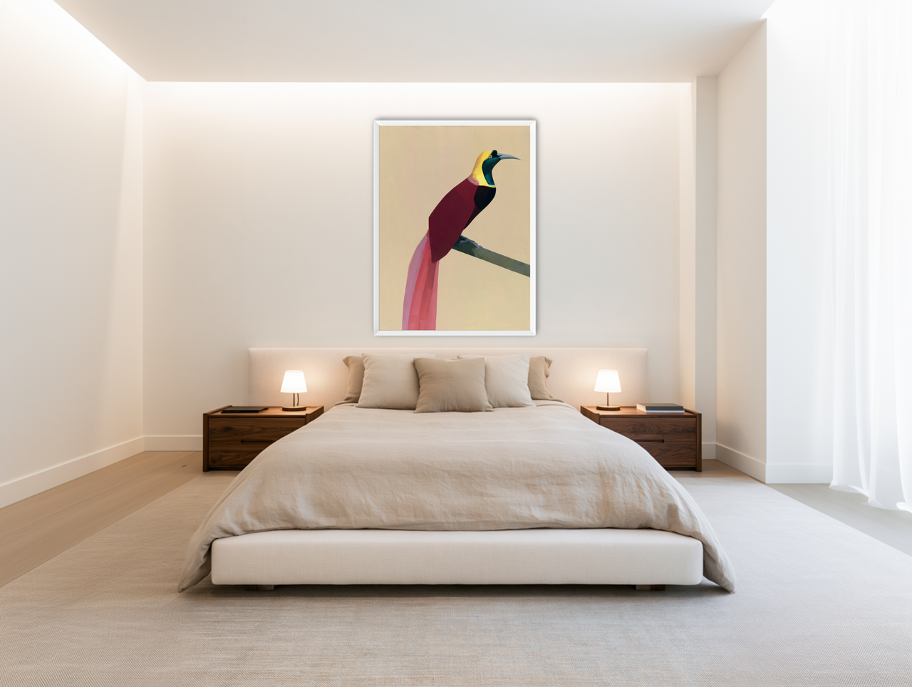 A bright bird on a branch room view
