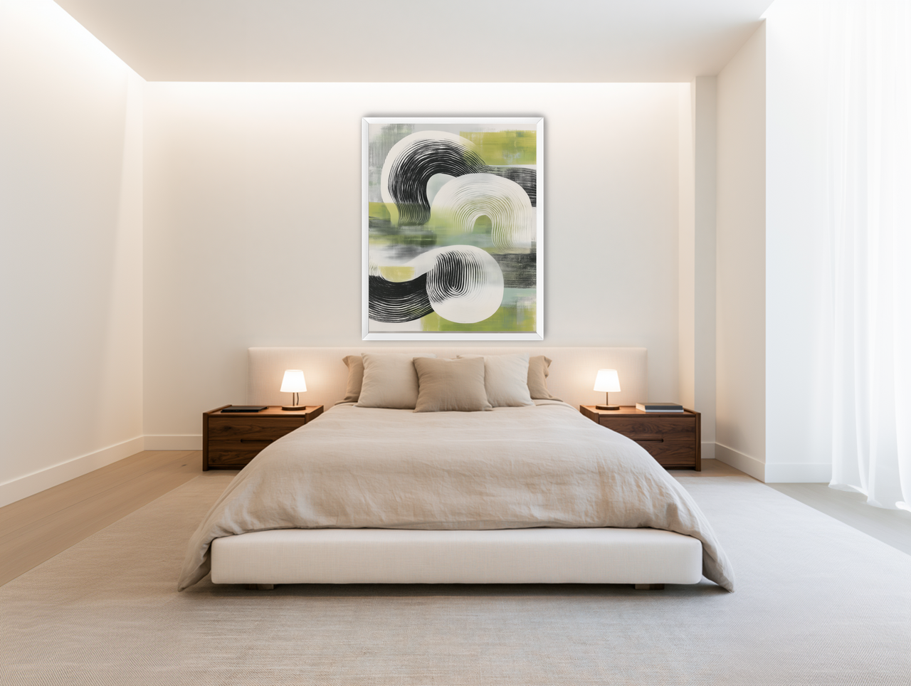Curved bands across green fields room view