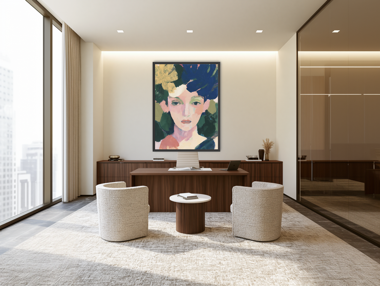 Portrait with pale flower room view