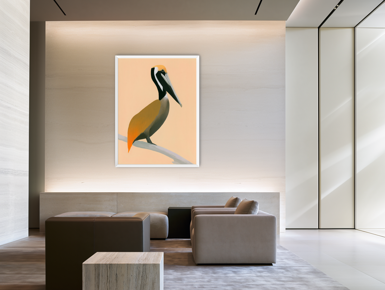 Pelican in peach light room view