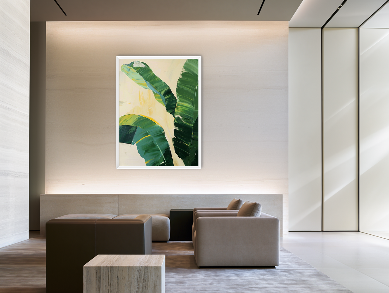 Green leaves in soft cream light room view