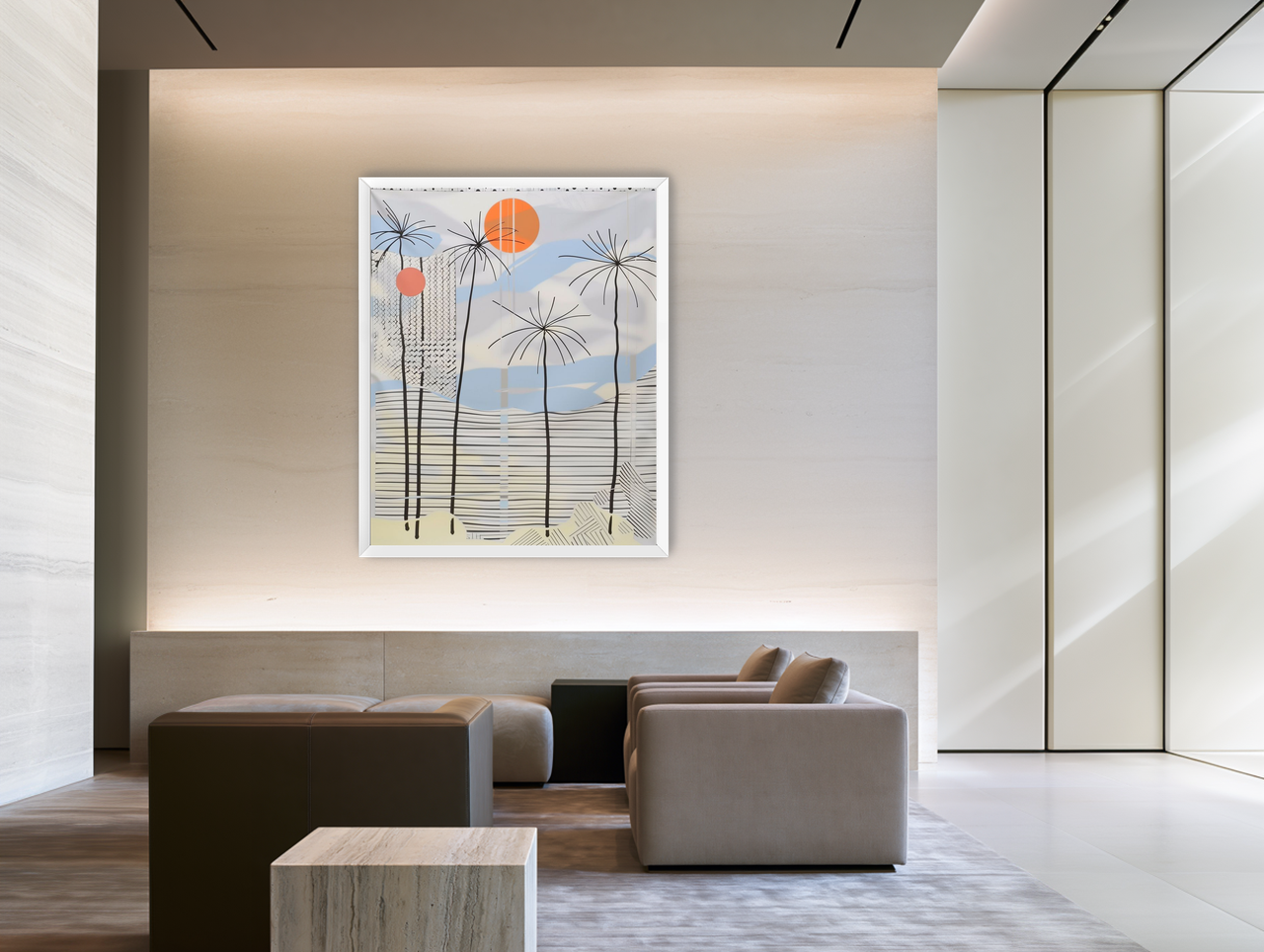 Two suns over striped hills room view
