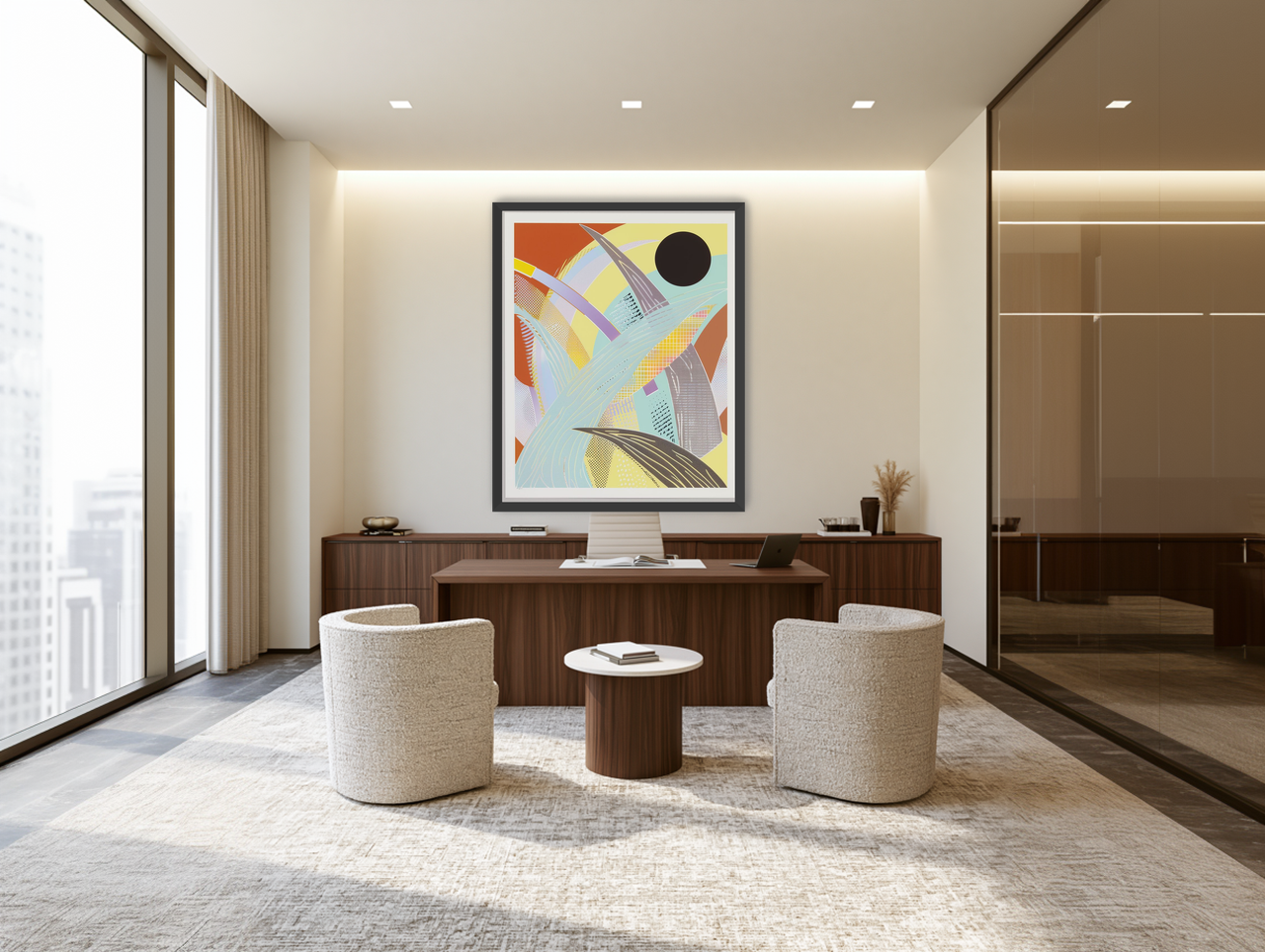 Black circle over crossing arcs room view