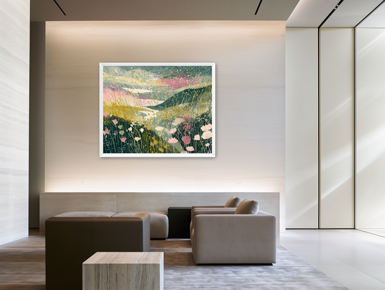 Wildflowers across layered hills room view