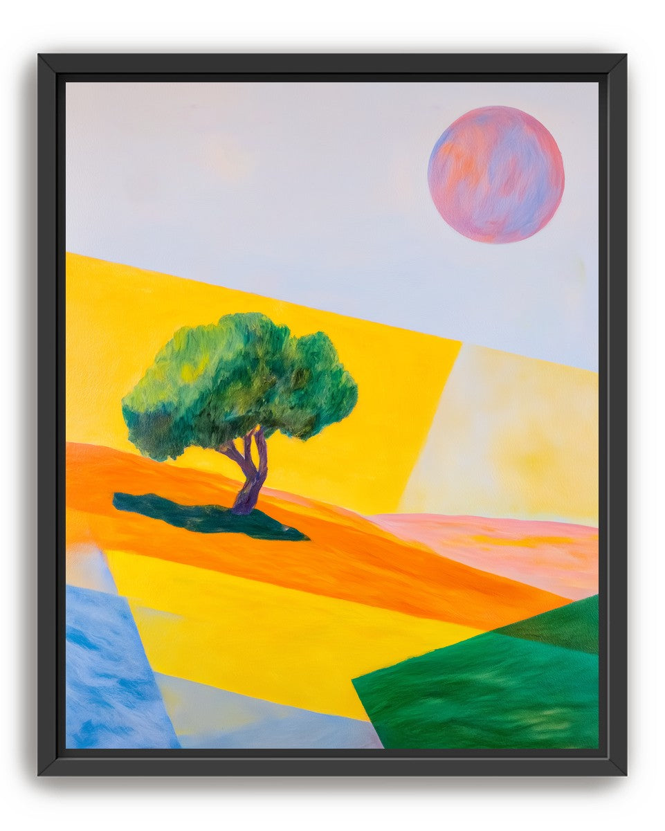 Pink sun over yellow hills