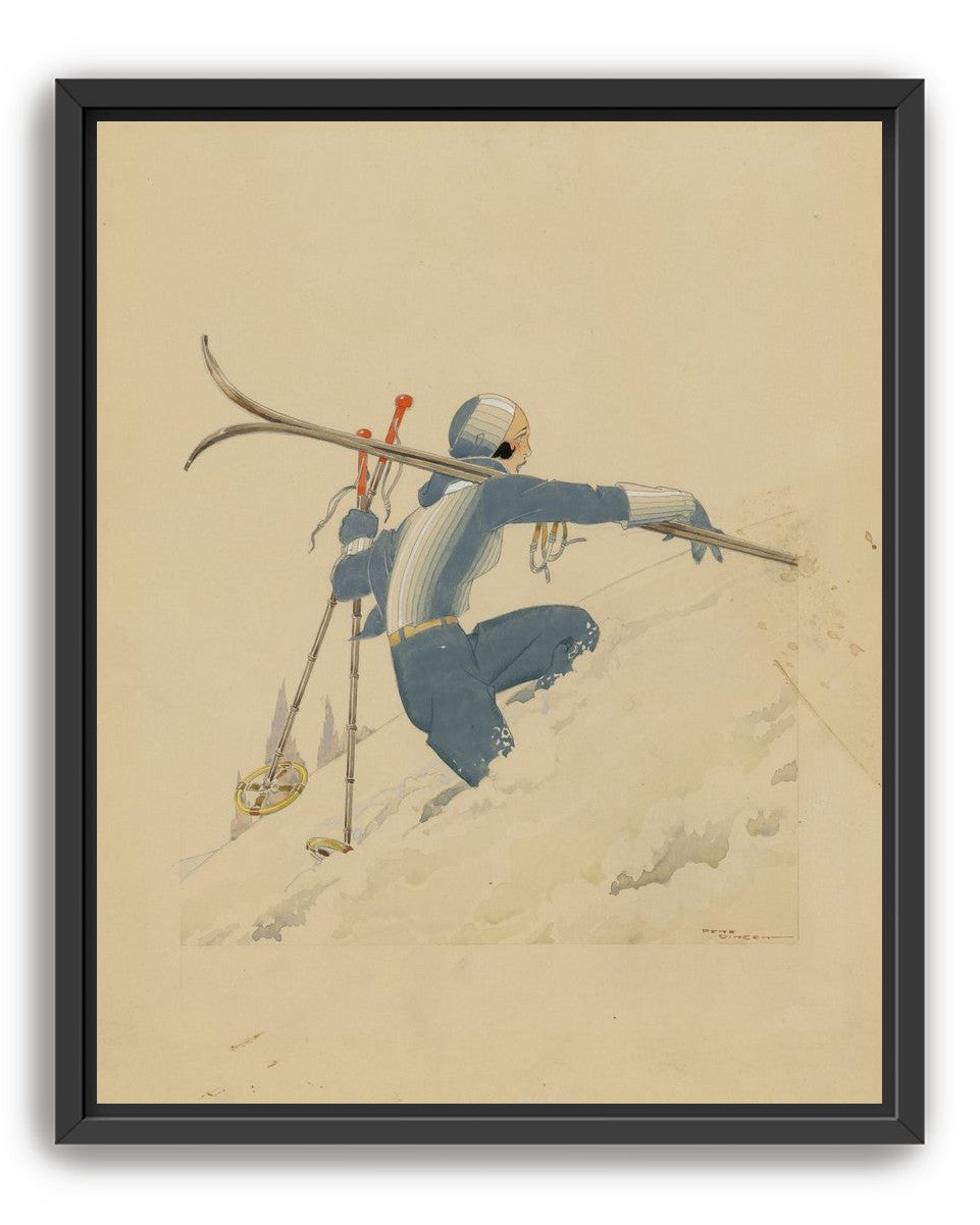 Blue skier in pale snow