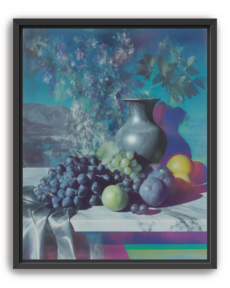 Vase and fruit in blue haze