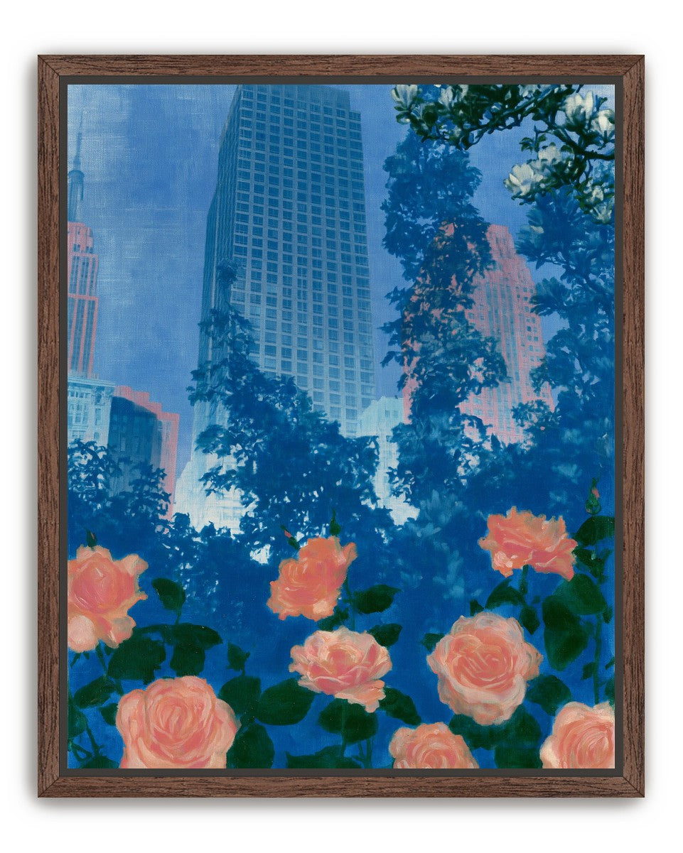 Pink roses below skyscrapers
