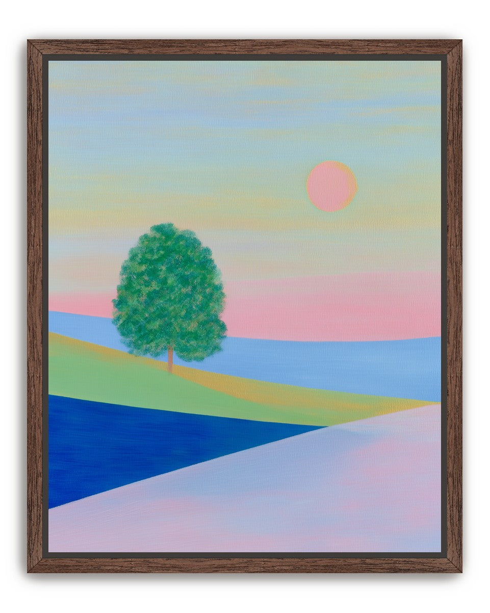 Pink sun over striped hills