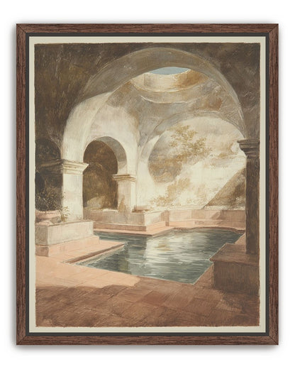 Courtyard pool beneath pale arches