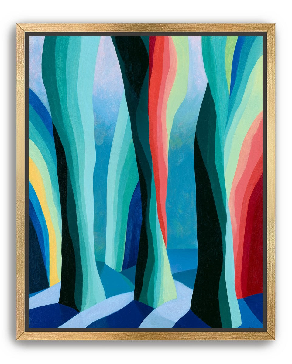 Between red trunks and blue shadows