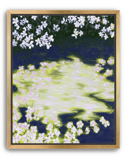 Petals crossing the bright water