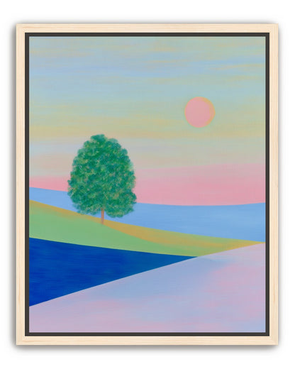 Pink sun over striped hills