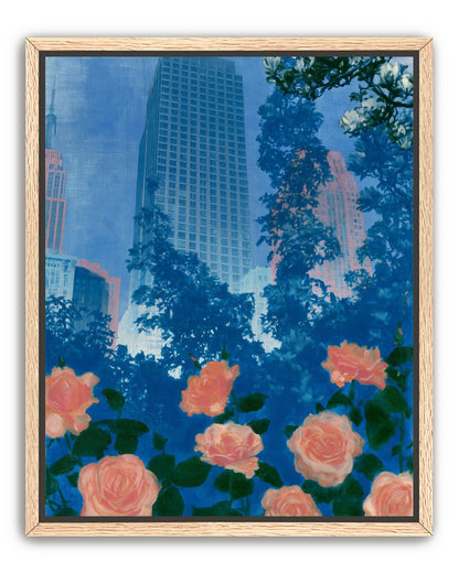 Pink roses below skyscrapers