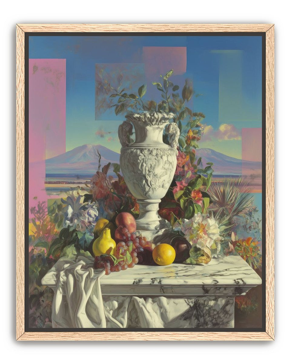 Urn and fruit before mountains