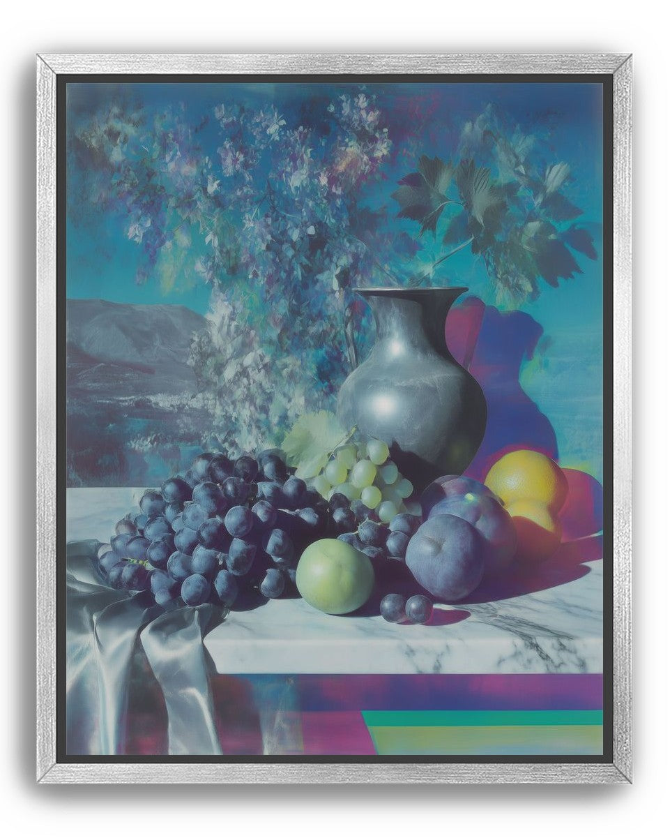 Vase and fruit in blue haze