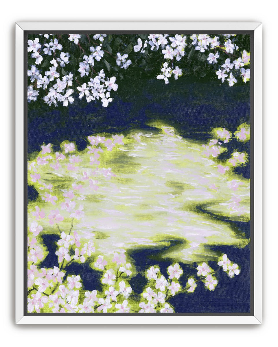 Petals crossing the bright water