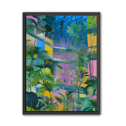 Blue roof over pink atrium