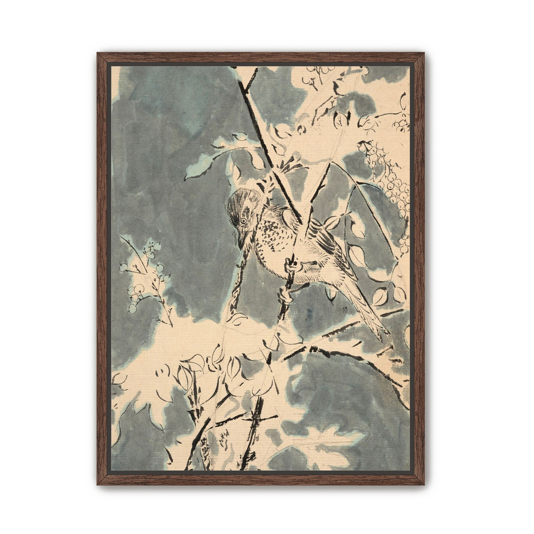 Quiet bird in berry branches