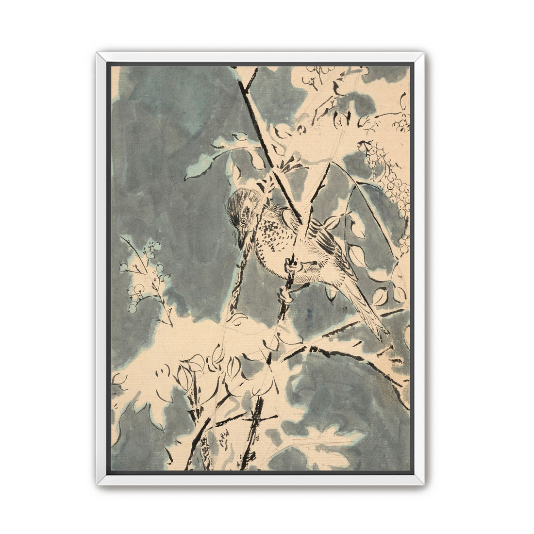 Quiet bird in berry branches