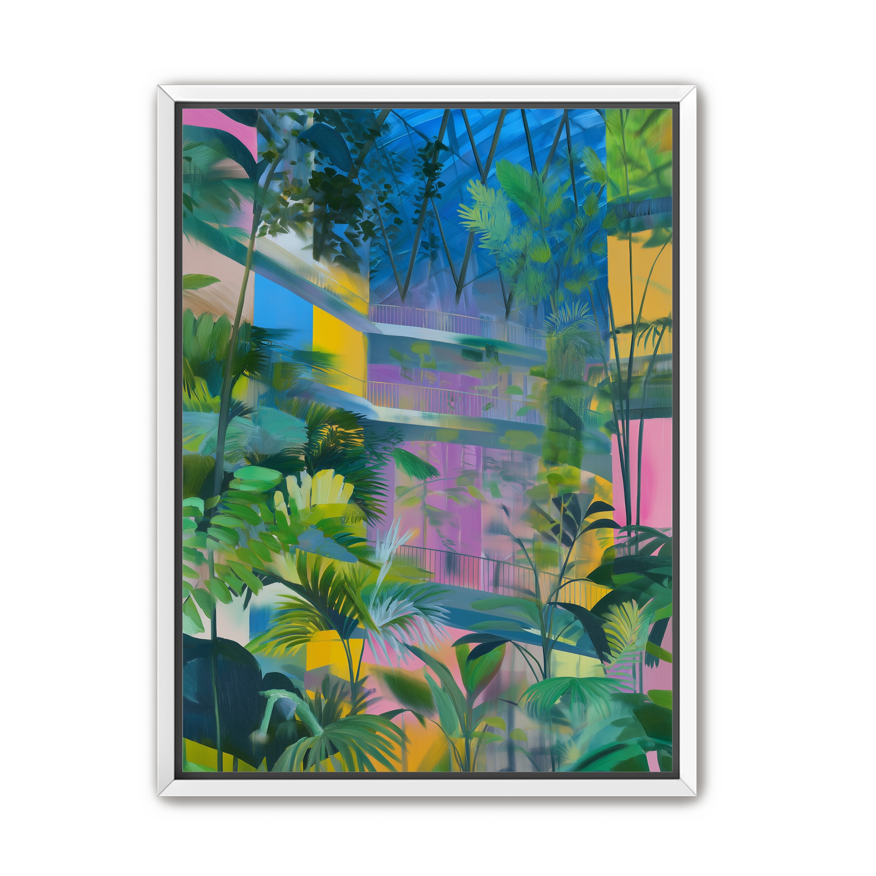 Blue roof over pink atrium