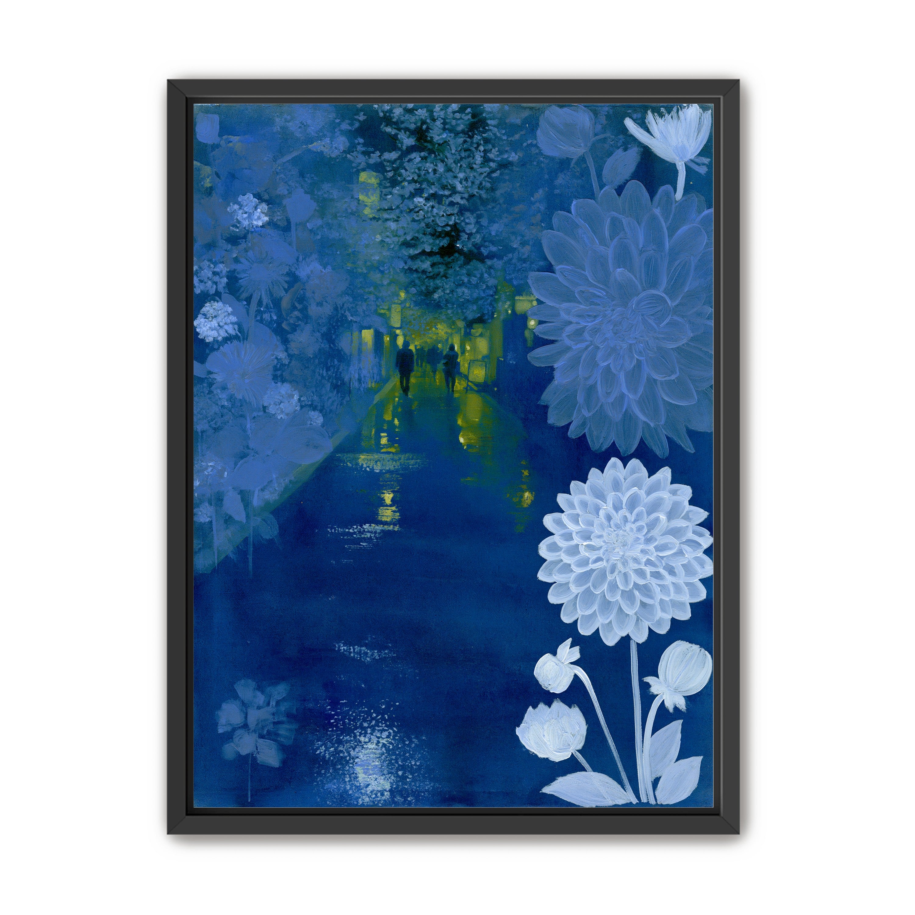 Two walkers under giant flowers