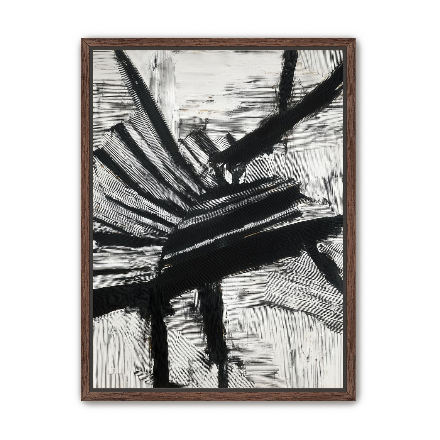 Non-Representational: Thick black brushstrokes cross and stack over a white surface filled with fine scratched lines.