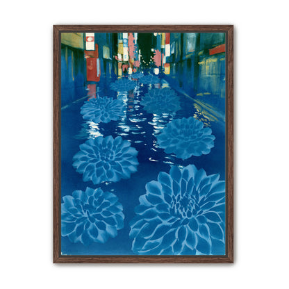 Neon spills into blue floodwater
