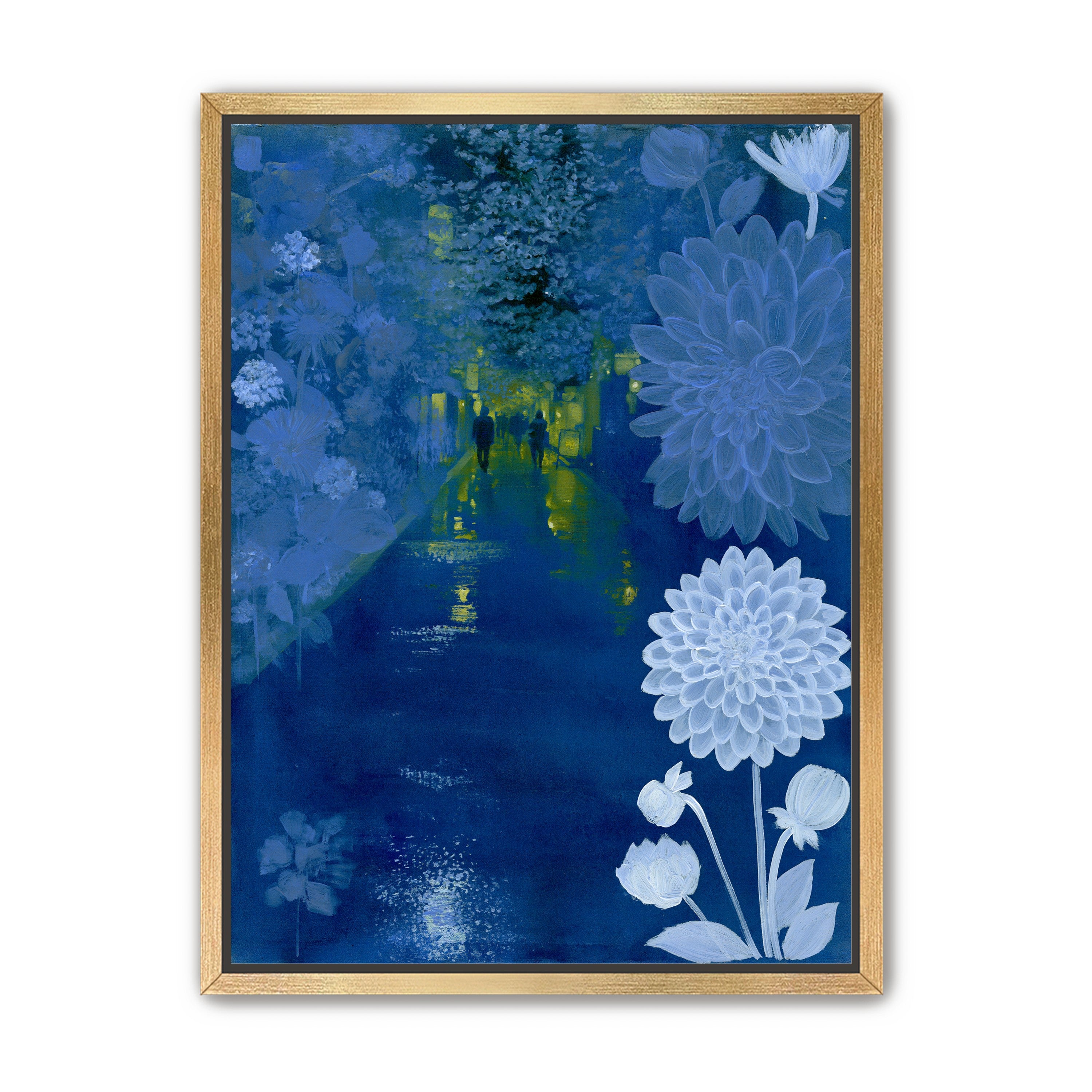 Two walkers under giant flowers