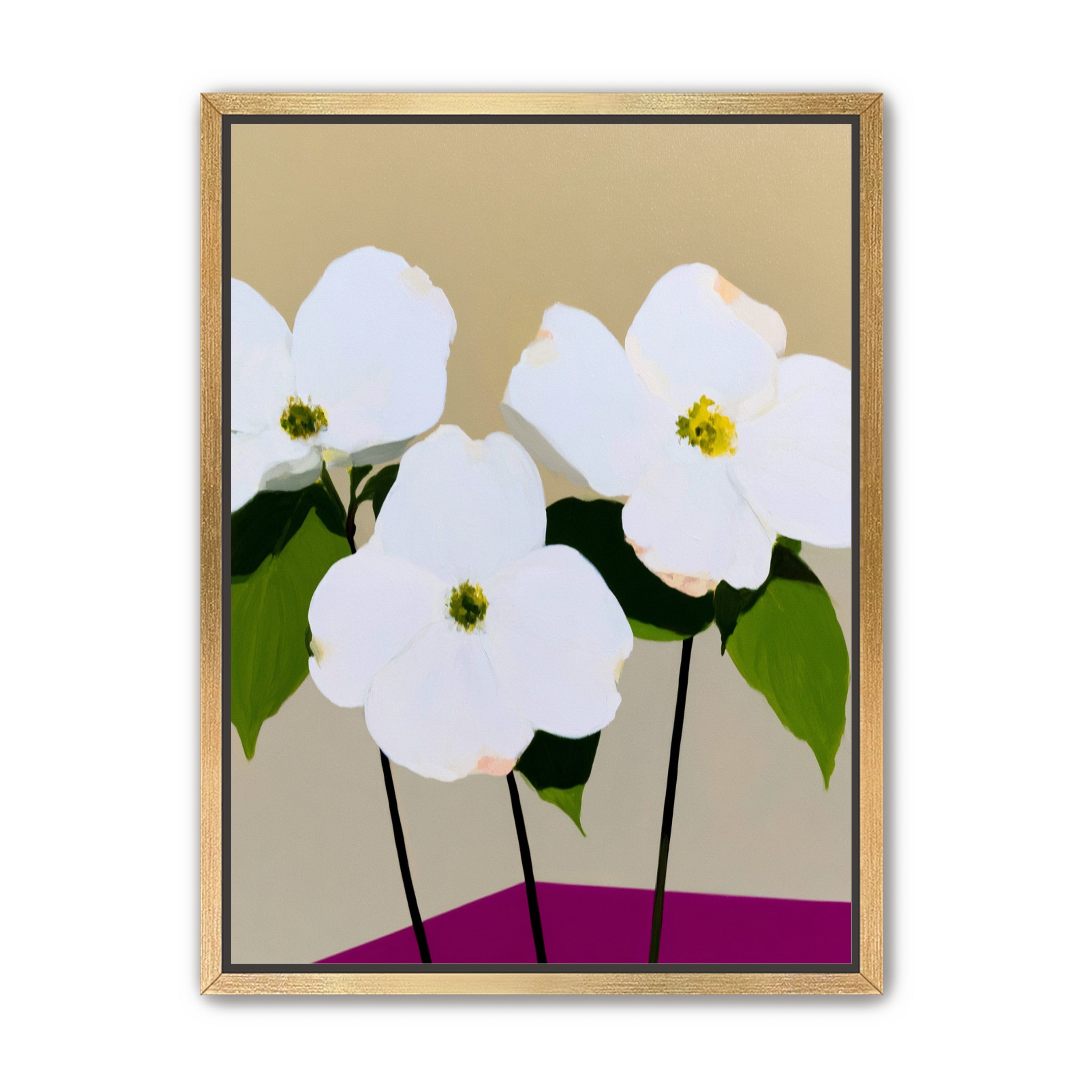 Three white flowers above purple