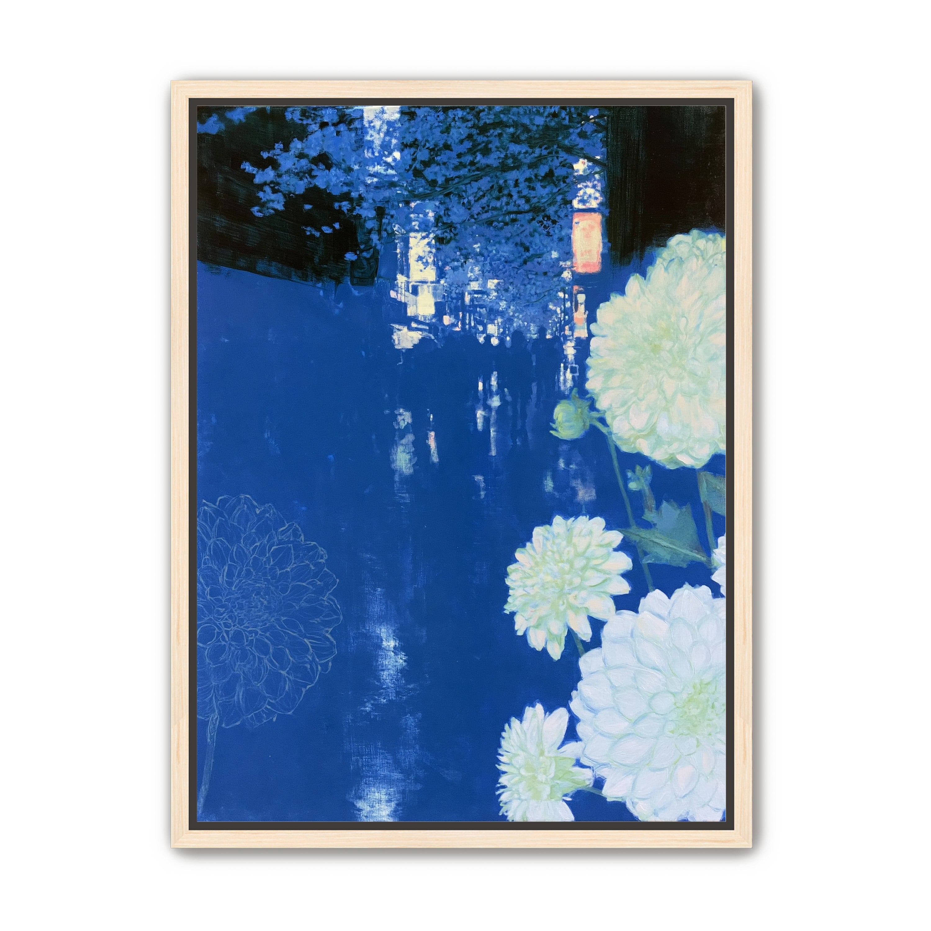 White blooms on blue canal