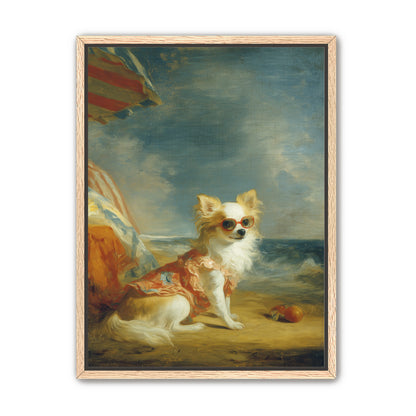 Seaside dog in red sunglasses