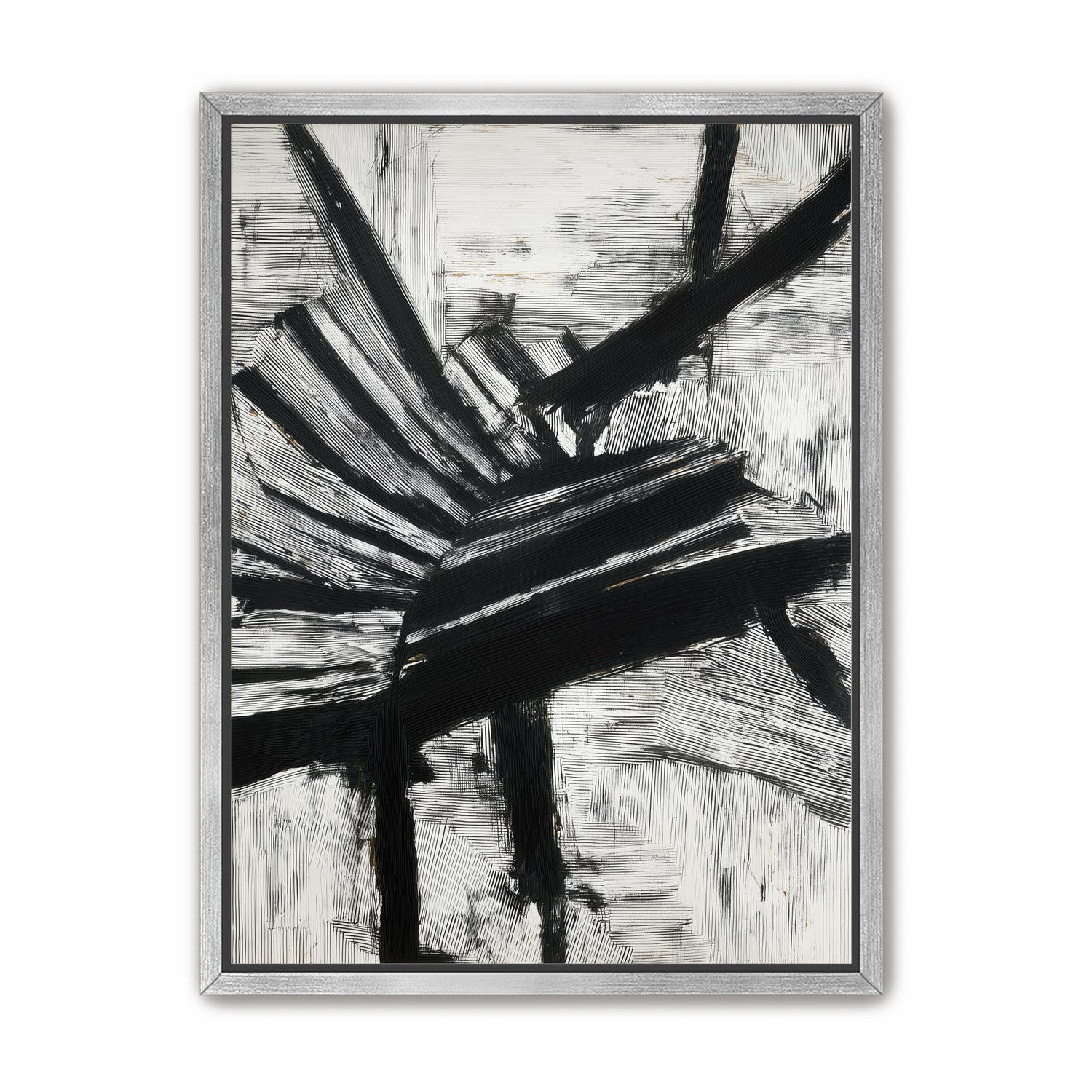 Non-Representational: Thick black brushstrokes cross and stack over a white surface filled with fine scratched lines.
